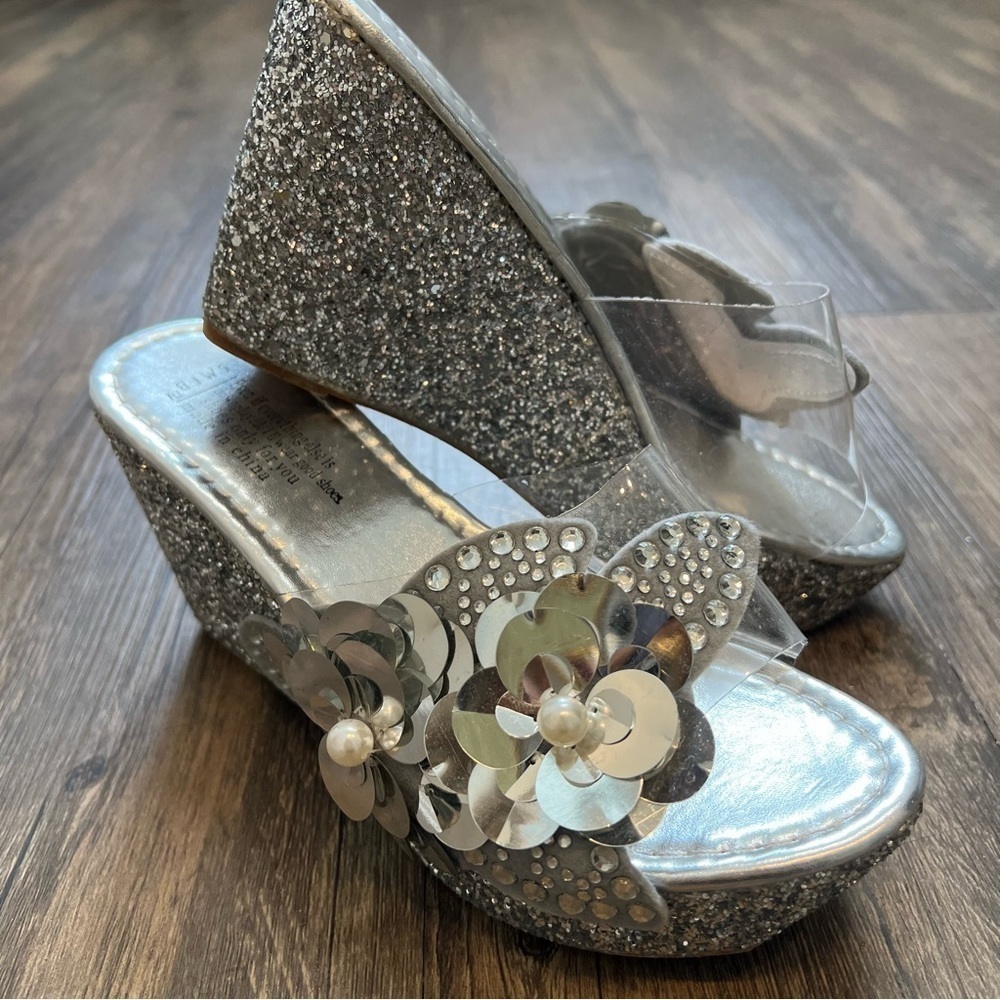 SMBF Silver Glitter Floral Slip On Wedges Platform Sandals Shoes Sparkly Y2K 8 - Picture 9 of 12
